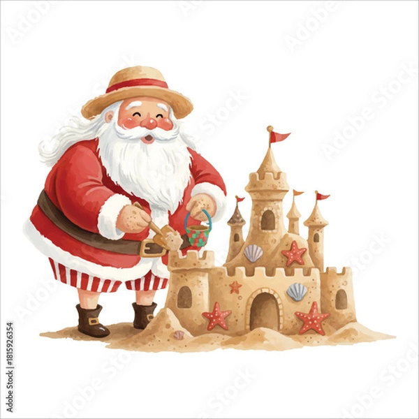 Fototapeta Santa Claus building a sandcastle watercolor vector, isolated on white background
