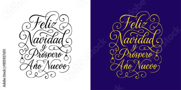 Obraz Logo de Navidad. Grupo de mensajes en español Feliz Navidad y Próspero Año Nuevo con florituras de adorno para tarjetas y felicitaciones 