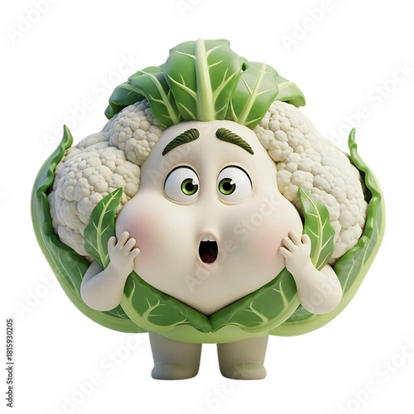 Fototapeta Surprised cartoon cauliflower character isolated on transparent background