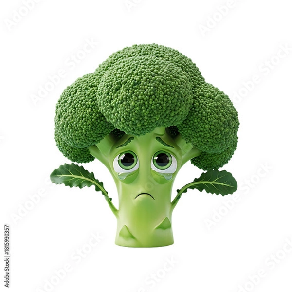 Fototapeta Sad broccoli cartoon character crying isolated on transparent background