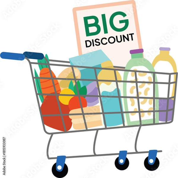Obraz Shopping cart overflowing with colorful groceries and a sign advertising a big discount perfect for retail promotions and grocery advertising needs