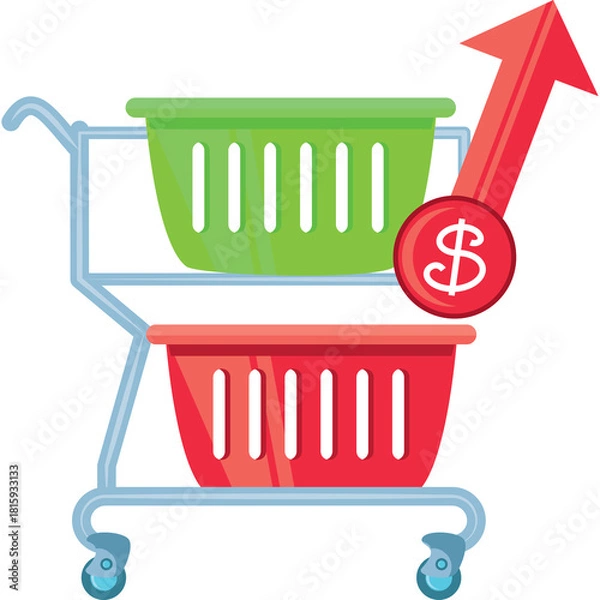 Obraz Shopping cart with green and red baskets showing upward arrow and dollar sign indicating increased spending and consumerism against a transparent background