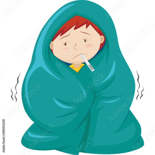 Obraz Sick Child Wrapped In Teal Blanket Holding Thermometer In Mouth With Cold Shivers And Sad Expression
