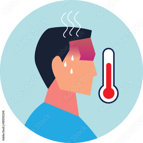 Obraz Sick Man With Fever And Sweating Visage Displays High Temperature On Thermometer With Blue Circular Background And Steam Rising From Forehead Health Concern