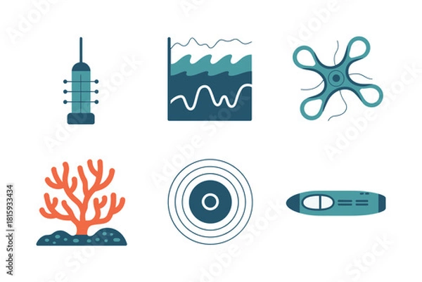Fototapeta Oceanography instruments set, vertical profiler, wave gauge, plankton shape, coral reef icon, sonar target, submersible sensor vector