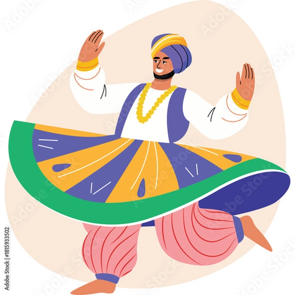 Obraz Sikh Man In Traditional Punjabi Attire With Turban And Dangling Earring Dancing Joyfully With Arms Raised In A Circle