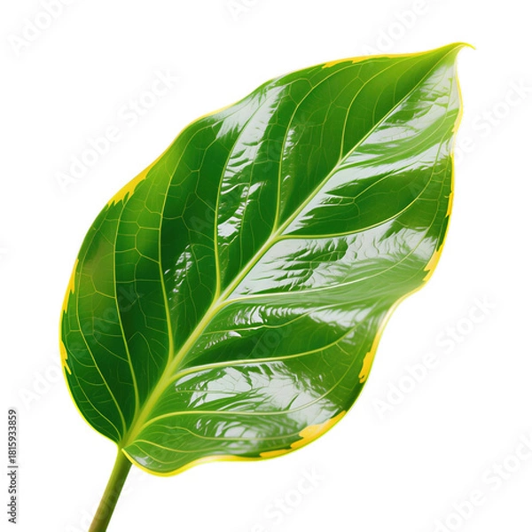 Fototapeta Waxy Green Leaf with Yellow Edges and Distinct Veins