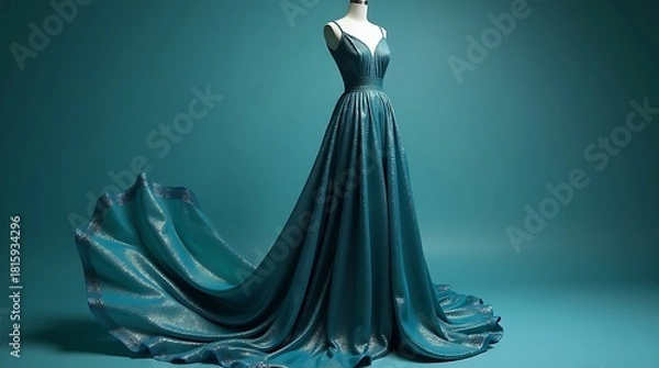 Obraz Ultra-detailed studio product photo: Stunning, elegant evening gown made from lustrous, iridescent ocean plastic textile, with professional lighting highlighting its incredible sheen and texture.