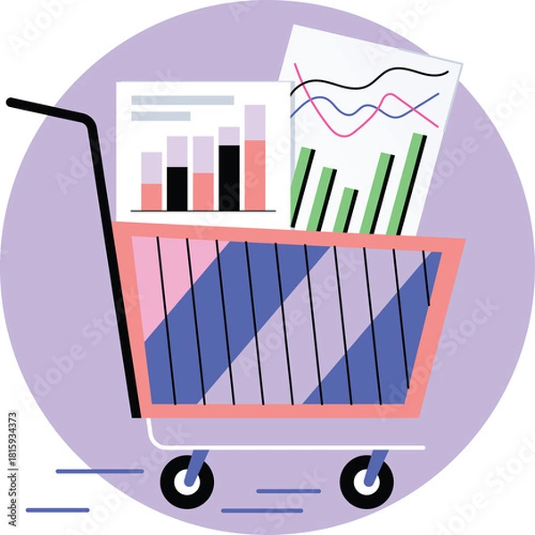 Obraz Shopping cart filled with financial charts and graphs representing business analytics and market research on a purple circular background