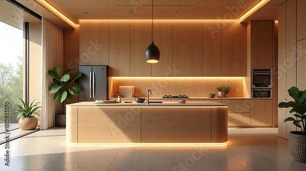 Obraz Ultra-detailed rendering: Organic smart kitchen with a recycled wood island, haptic sensors, dynamic lighting, and retracting wood panels for spice and utensil storage.