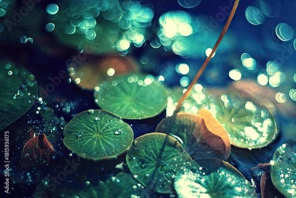 Fototapeta Close Up View Of Water Lilies In Pond With Bokeh Effect