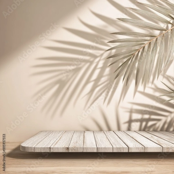 Fototapeta White Wooden Shelf With Palm Leaf Shadows