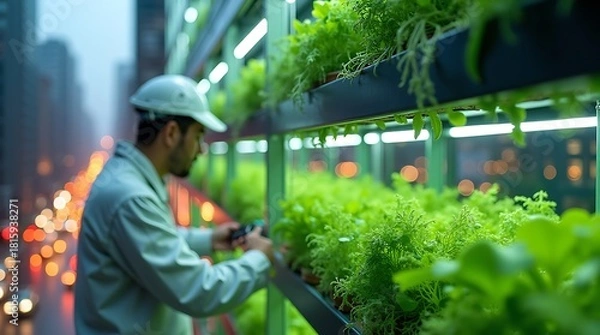 Obraz Highly detailed, photorealistic image: AI-managed vertical farm within a city high-rise, with a modern farmer tending leafy greens and glowing mycelial threads purifying water beneath.