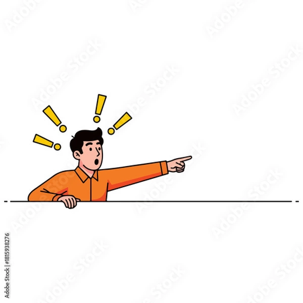 Fototapeta Man Pointing with Exclamation Marks Above Head Indicating Surprise or Discovery
