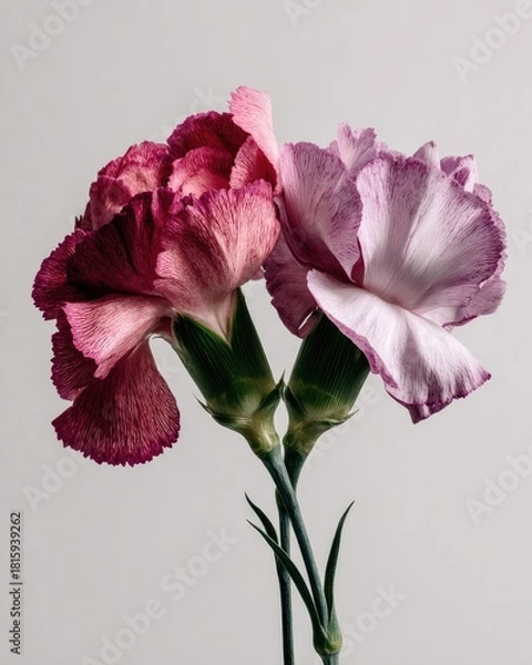 Fototapeta Two Pink And Purple Carnations Close Up On Gray Background