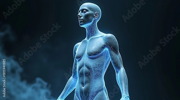 Obraz Flawless 3D rendering of a 'Meta-Persona' avatar: Transparent torso revealing bio-luminescent neural pathways, mid-dance, with digital fabric clothing subtly shifting geometric patterns.