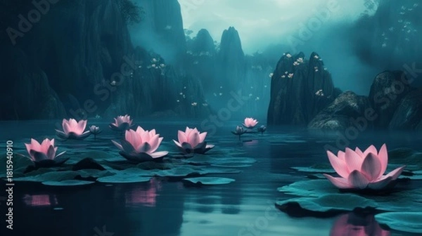 Obraz Enchanting Water Lilies in a Mystical Landscape with Jagged Mountain Peaks