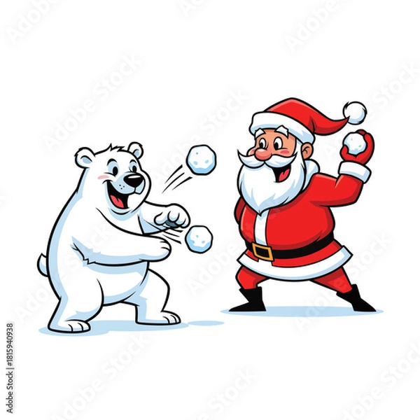 Fototapeta Santa Claus enjoys a fun snowball fight with a friendly polar bear in a playful winter scene