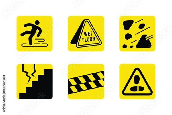 Obraz Safety warning tiles collection, running figure alert, wet floor triangle, broken step, hazard stripe banner, caution exclamation