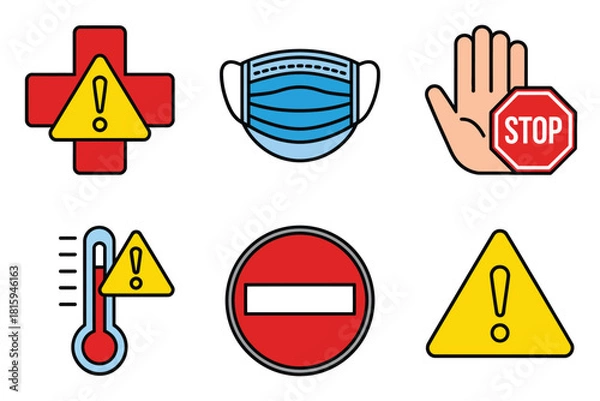 Fototapeta Emergency health signs collection, medical cross, protective mask, stop hand, thermometer icon, do not enter, caution triangle