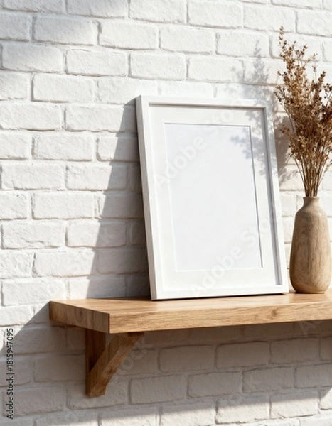 Obraz Mockup white picture frame on wooden shelf with dried flowers in vase against white brick wall