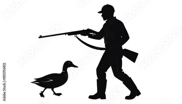 Fototapeta Silhouette of a duck hunter aiming a shotgun at a duck.