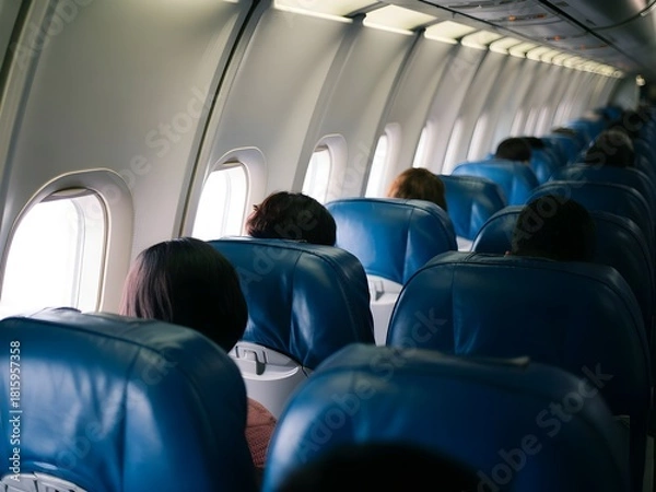 Fototapeta Airplane cabin passengers create a calm commercial flight atmosphere