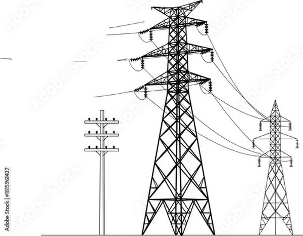Fototapeta Electricity pylons and utility poles vector, power lines illustration, energy infrastructure, lattice tower silhouette, voltage distribution, editable graphic, black design