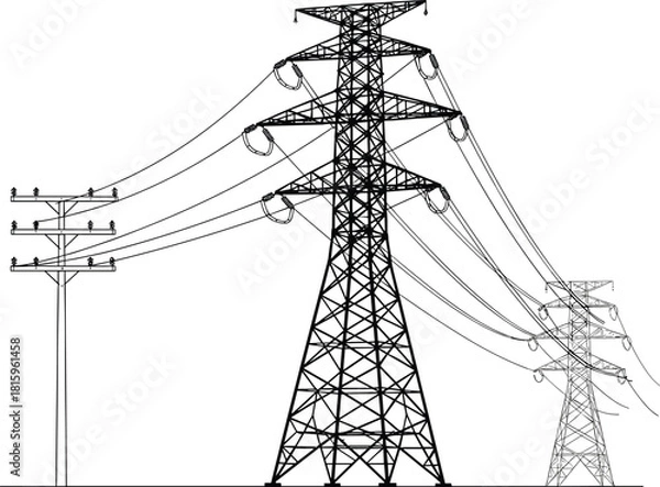 Fototapeta Electrical poles and transmission towers vector, power lines illustration, energy infrastructure, black silhouette, utility structure, editable graphic, voltage distribution