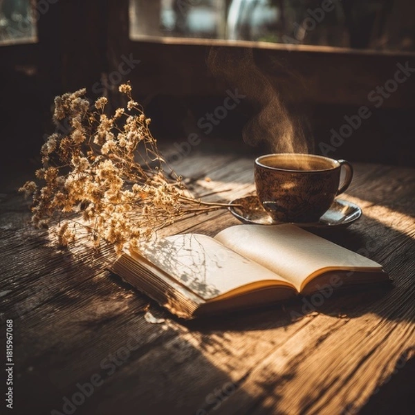 Fototapeta Warm Sunlight On Open Book And Tea Cup With Dried Flowers
