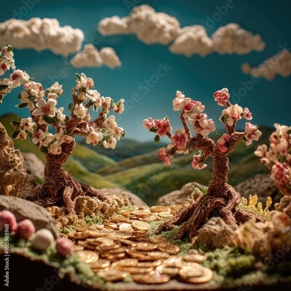 Fototapeta Whimsical Miniature Landscape With Gold Coins And Blooming Trees