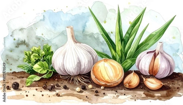 Fototapeta Watercolor illustration of fresh garlic bulbs and onion with herbs and peppercorns on a rustic surface.