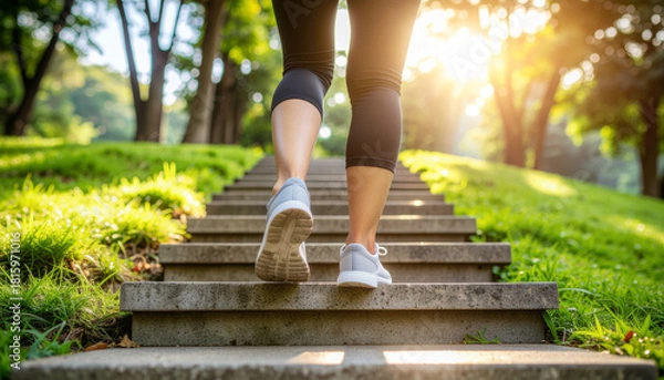 Fototapeta Timeless youth activity captured as person walks up outdoor park steps in morning sunlight surrounded by green trees and fresh air