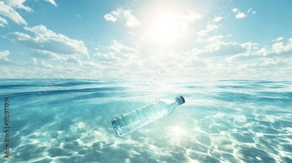 Fototapeta Plastic bottle floats adrift on clear blue ocean waves under bright sunny sky and clouds