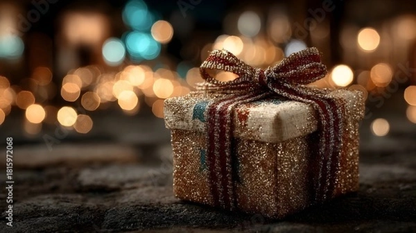 Obraz A glittering gold gift box with a festive red and gold ribbon resting on a textured surface illuminated by a soft out of focus background of warm bokeh lights