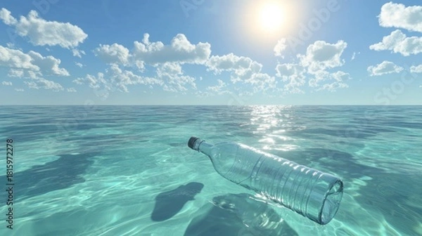 Fototapeta Plastic bottle pollutes pristine ocean water under bright sunny sky with gentle waves