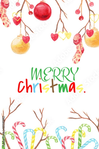 Obraz Christmas and new year card. Watercolor clip art with stick, christmas ball, heart, candy and stock. The image is illustration for card.