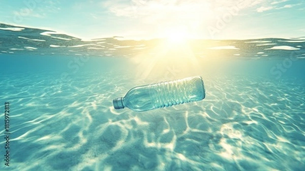 Fototapeta Plastic bottle adrift in crystal clear ocean water under bright sun, highlighting pollution