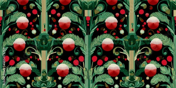 Fototapeta This vibrant abstract design features a blend of red, green, and black, showcasing Art Deco influences with festive elements ideal for holiday settings and decorations