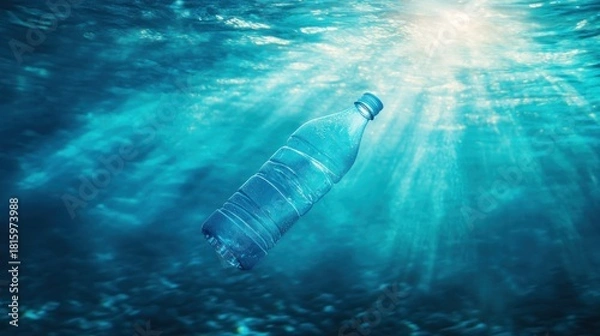 Fototapeta Single plastic bottle drifts submerged in clear blue ocean water with sun rays shining down