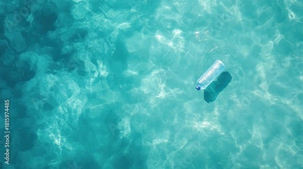 Obraz Single plastic bottle adrift in clear blue ocean water, environmental pollution concept.