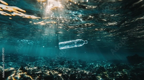 Fototapeta Lone plastic bottle drifts ominously through deep ocean waters, highlighting pollution crisis