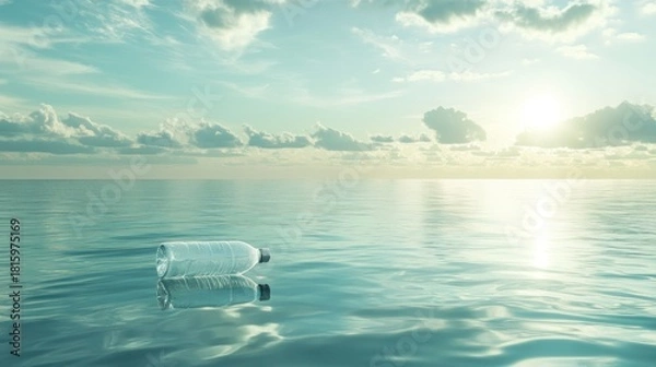 Obraz Plastic bottle adrift on serene ocean surface under a vast sky with sunlit clouds