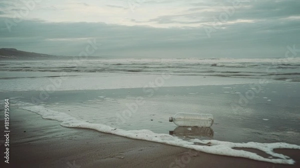 Obraz Plastic bottle pollutes serene beach shore with gentle waves washing over sand