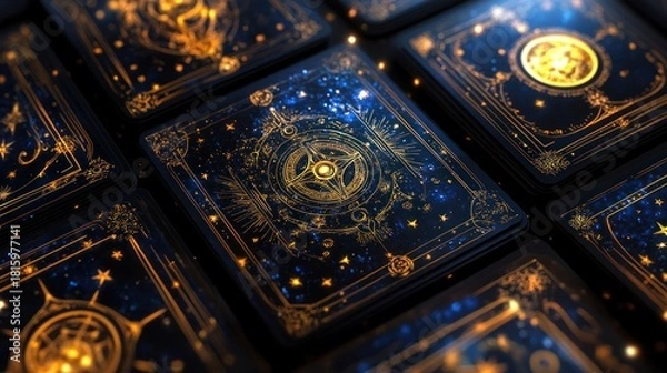 Obraz Detailed Tarot Cards Design with Golden Ornate Symbolism and Nebula Background