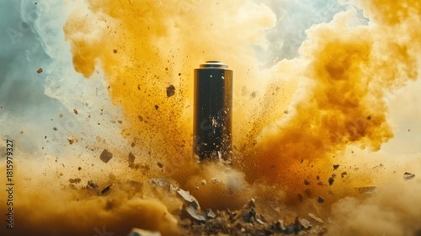 Fototapeta Powerful explosion engulfs battery in dramatic dust cloud, symbolizing energy and impact