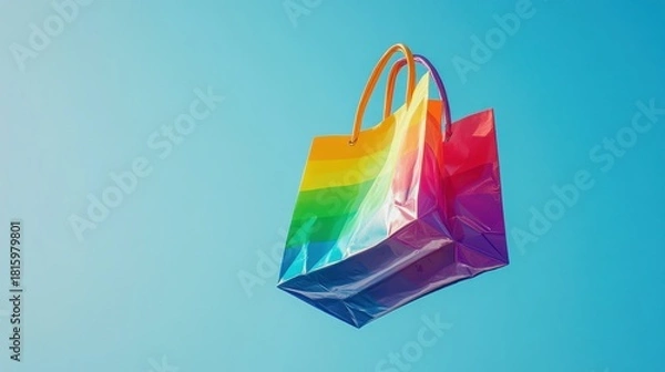 Obraz Vibrant rainbow shopping bag floats joyfully against a clear blue sky