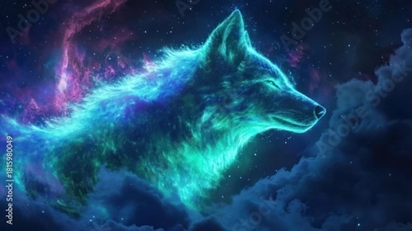 Fototapeta Mystical Wolf Spirit Ascending Through Celestial Clouds and Cosmic Nebula
