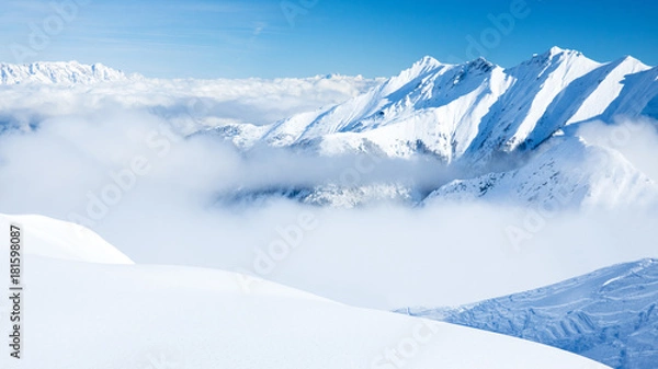 Obraz Young, sexy woman is skiing in winter paradise in the alps with a beautiful blue sky and wonderful white snowy mountains 