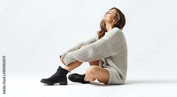 Fototapeta Woman in Cozy Sweater Serene and Relaxed